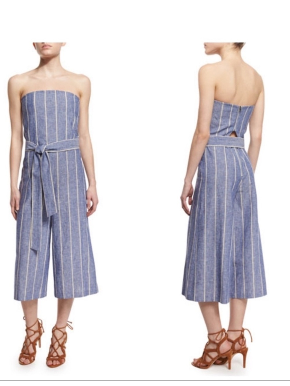 Alice & Olivia Blue Chambray White Stripe Wide Leg Designer Jumpsuit Size 2